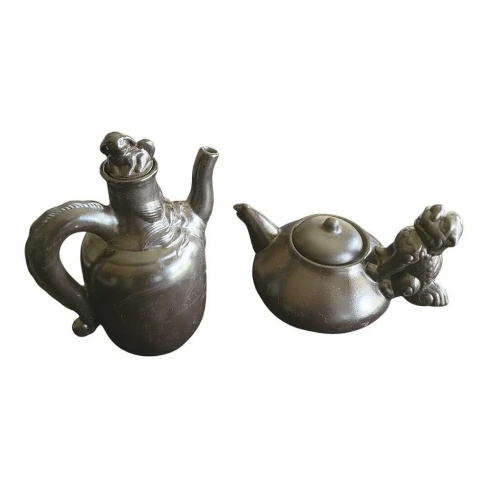 Lot of 2 Asian DOG Teapot 2 cup and Water Pitcher 3 cup MUTED BLACK Porcelain
